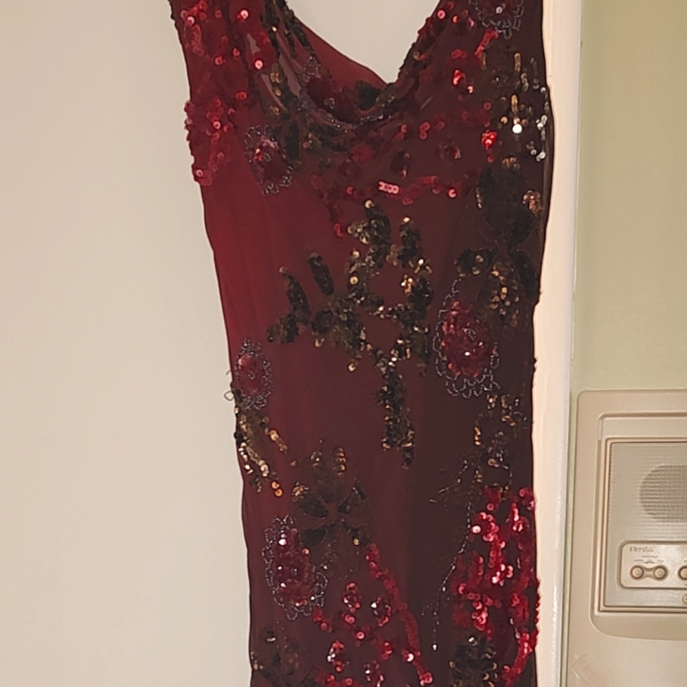 Red & bronze dress with dark bronze sequins throughout for a formal attire party